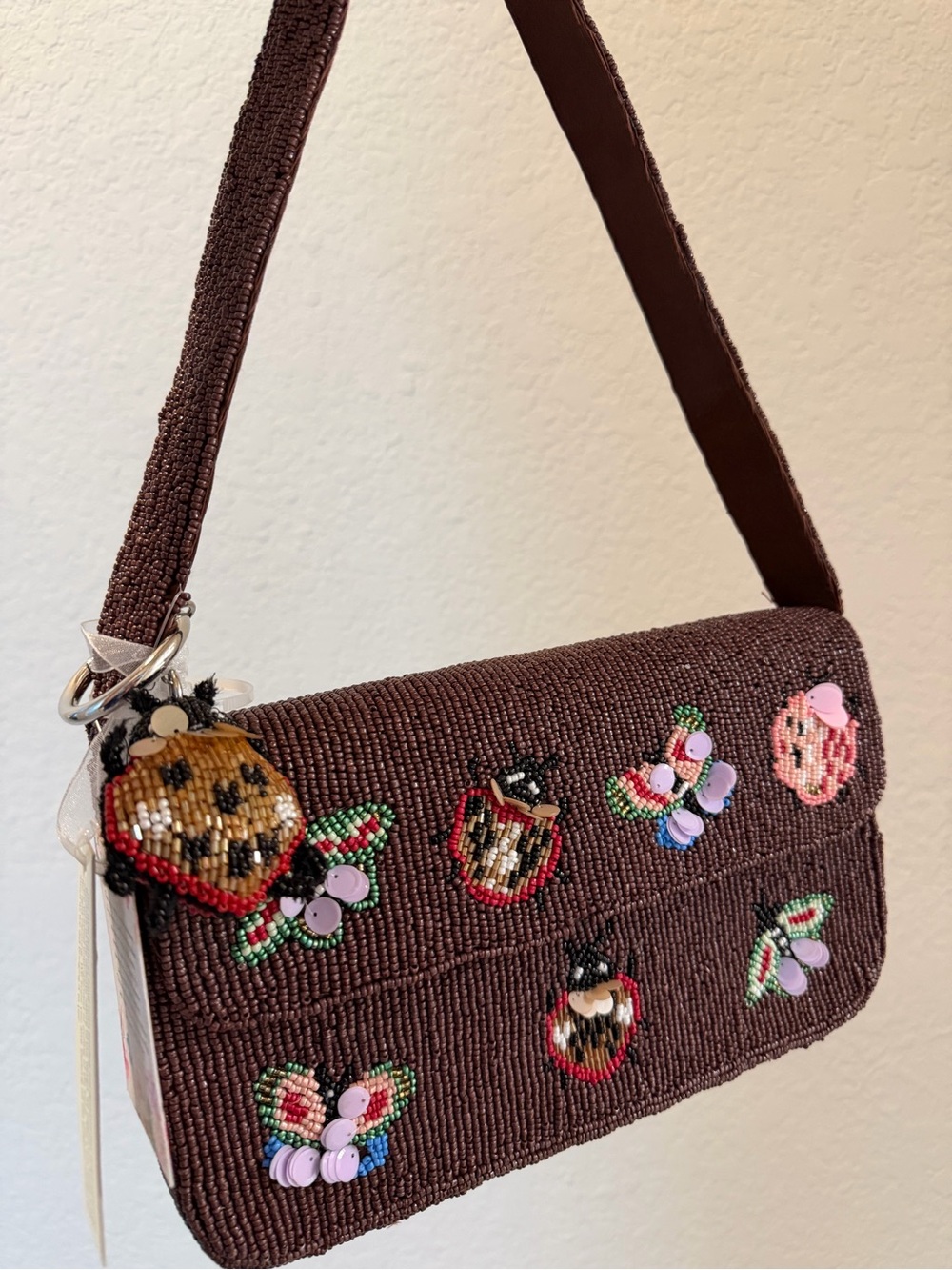 Viral Brown Butterfly & Ladybug Beaded Shoulder Bag w/ Charm